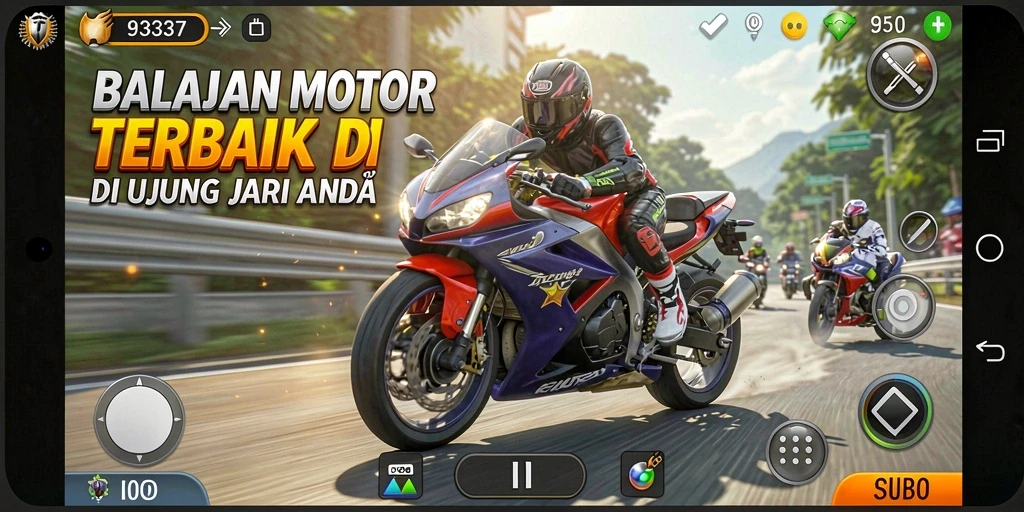 Screenshot utama 93337 menunjukkan aksi balapan motor yang mendebarkan.