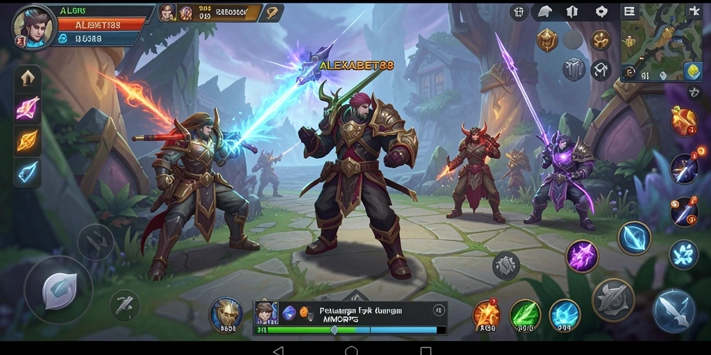 Screenshot gameplay ALEXABET88 yang menampilkan pertarungan epik di dunia MMORPG.