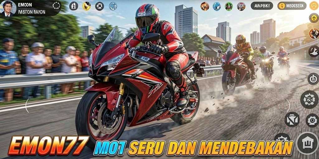 Tampilan gameplay seru dalam balapan motor EMON77.