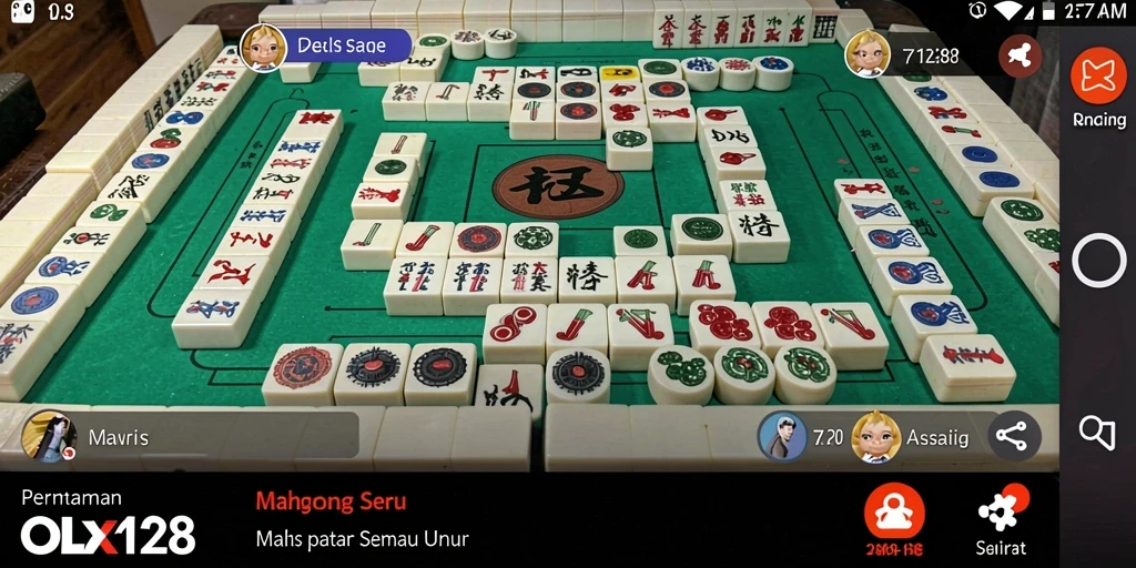 Screenshot gameplay OLX128 yang menunjukkan papan Mahjong yang penuh warna.
