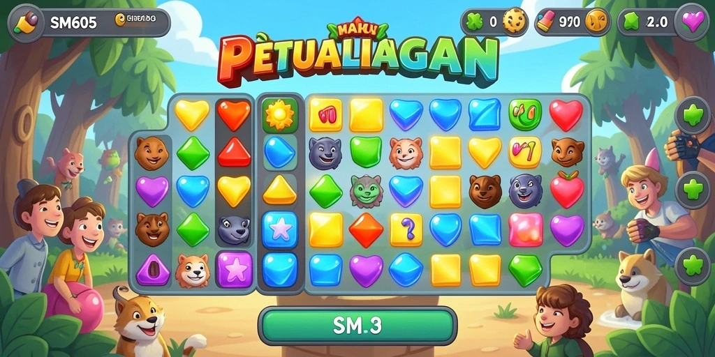 Tampilan gameplay menantang dalam SM605 dengan permen berwarna-warni.