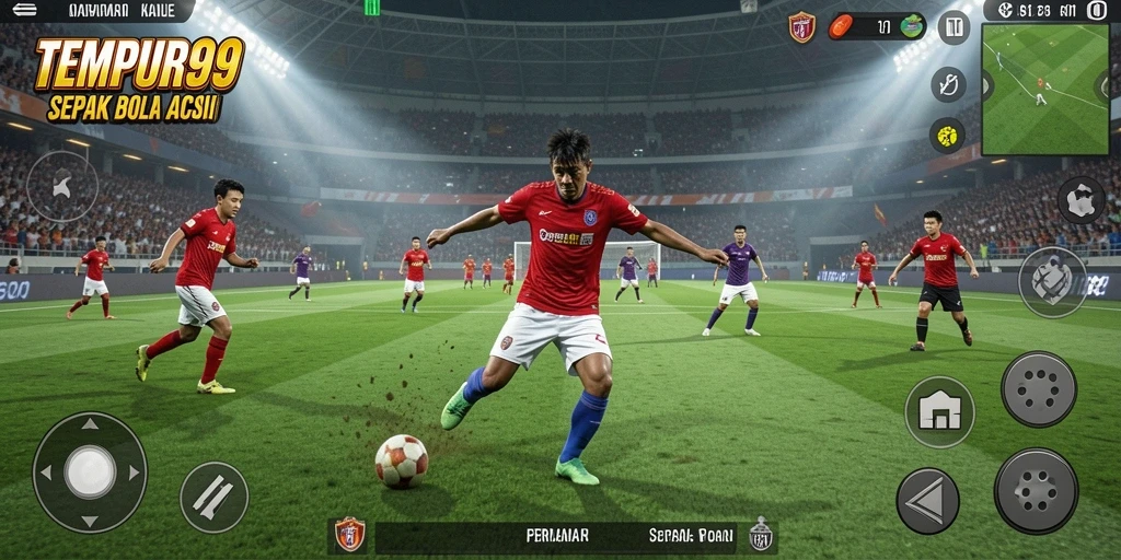 Tampilan gameplay <strong>TEMPUR99</strong> yang mendebarkan di lapangan sepak bola.